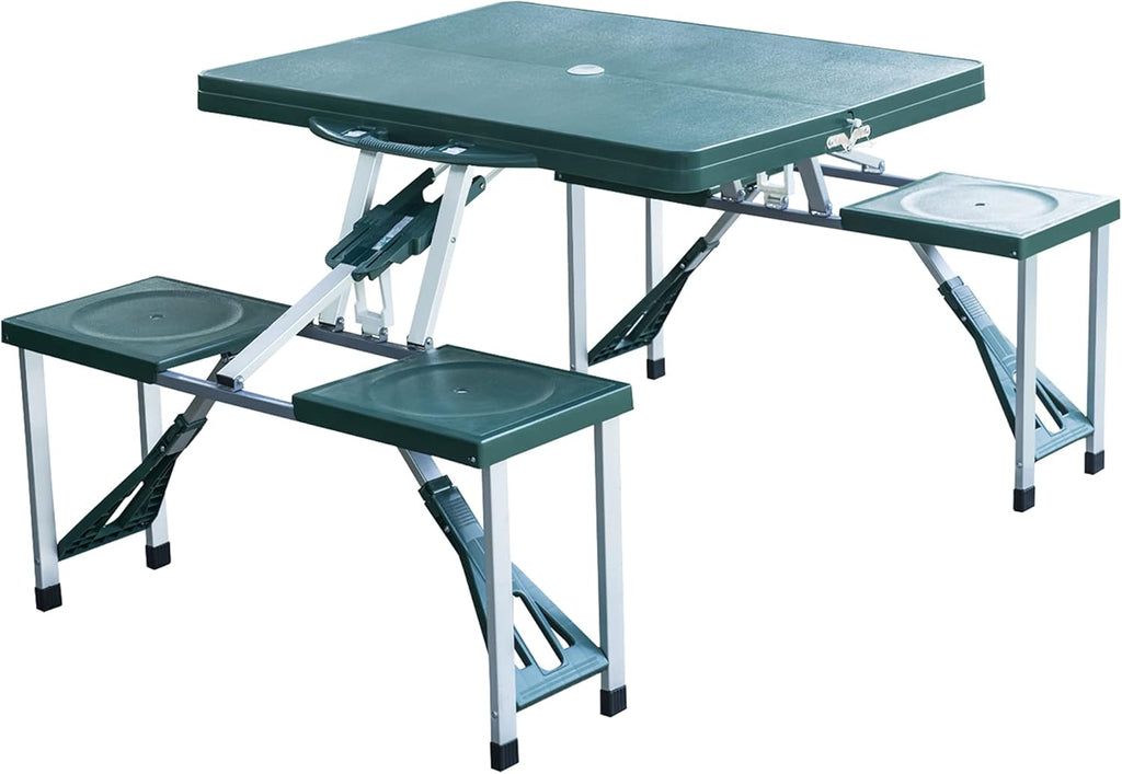 Blue 4-Seats Aluminum Fold Up Picnic Table Set with Four Chairs and Umbrella Hole Y702601