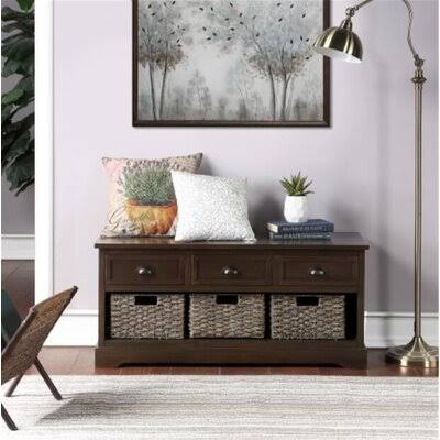 Wood Storage Bench with 3 Drawers and 3 Woven Baskets H300316
