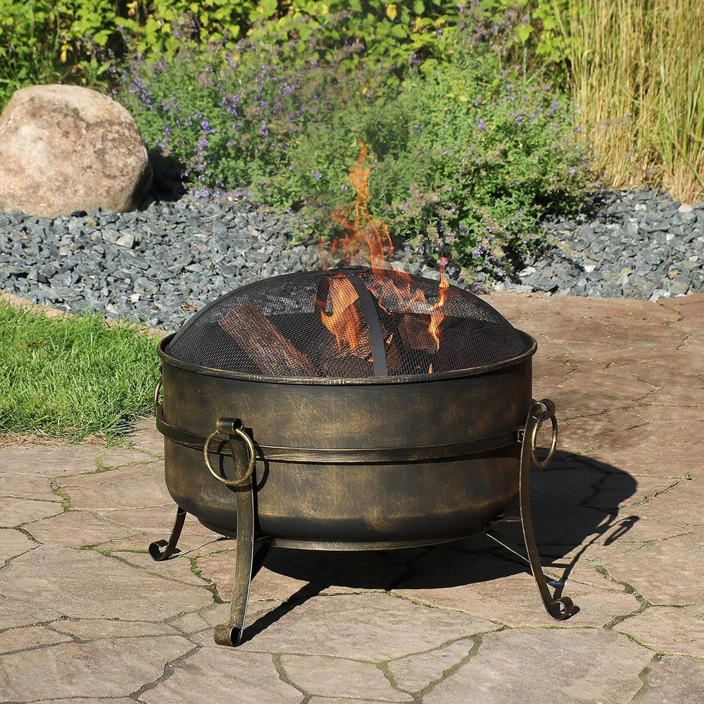 24 Inch Wood Burning Fire Pit with Spark Screen and Metal Grate Z75283