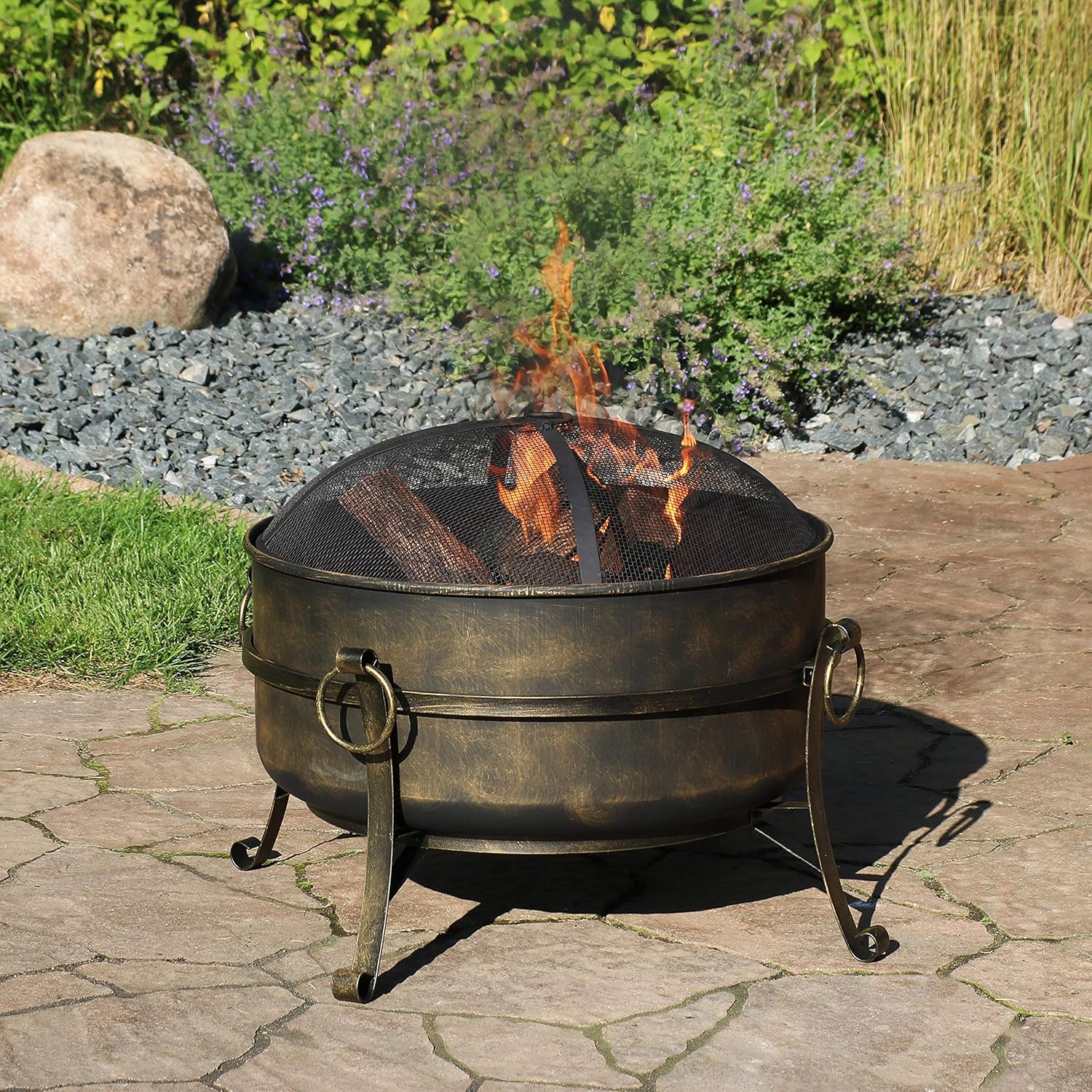 24 Inch Wood Burning Fire Pit with Spark Screen and Metal Grate Z75283