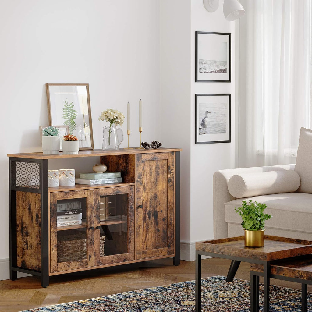 Rustic Brown and Black Floor Storage Cabinet with Transparent Doors V507497