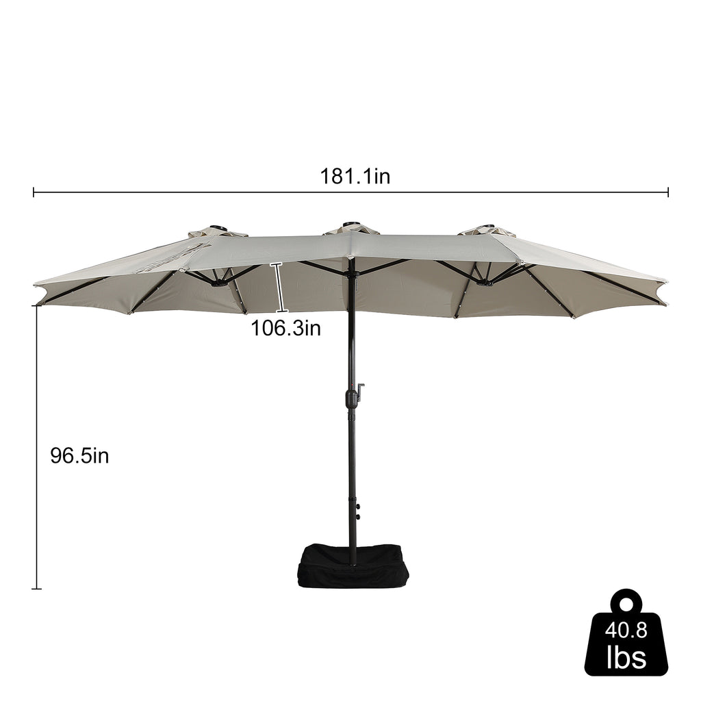15ft Outdoor Solar Umbrella with 36 LED Patio Double-Sided Umbrella with Crank, Air-Vented Canopy, Base Included (Beige) V595