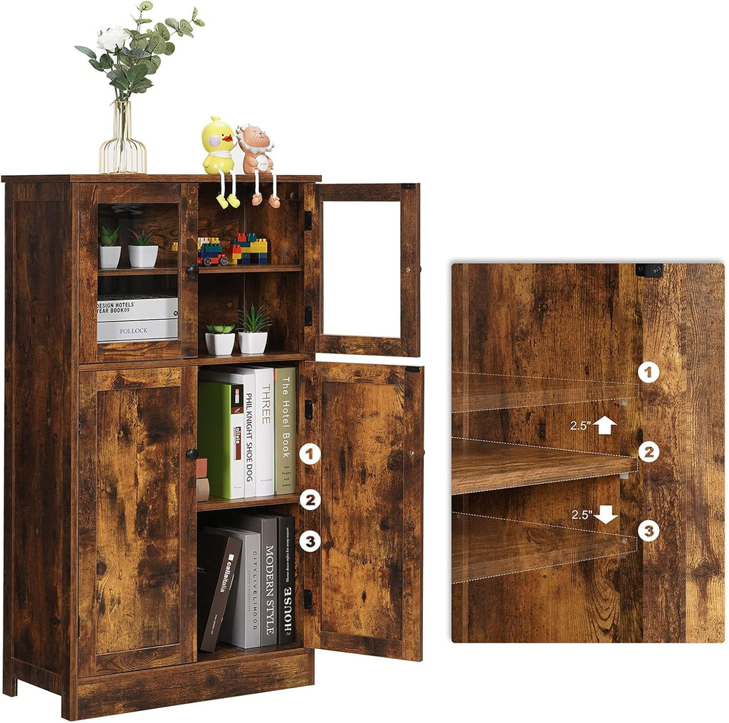 Rustic Brown Freestanding Storage Cabinet with Glass Door and Adjustable Shelf V28557