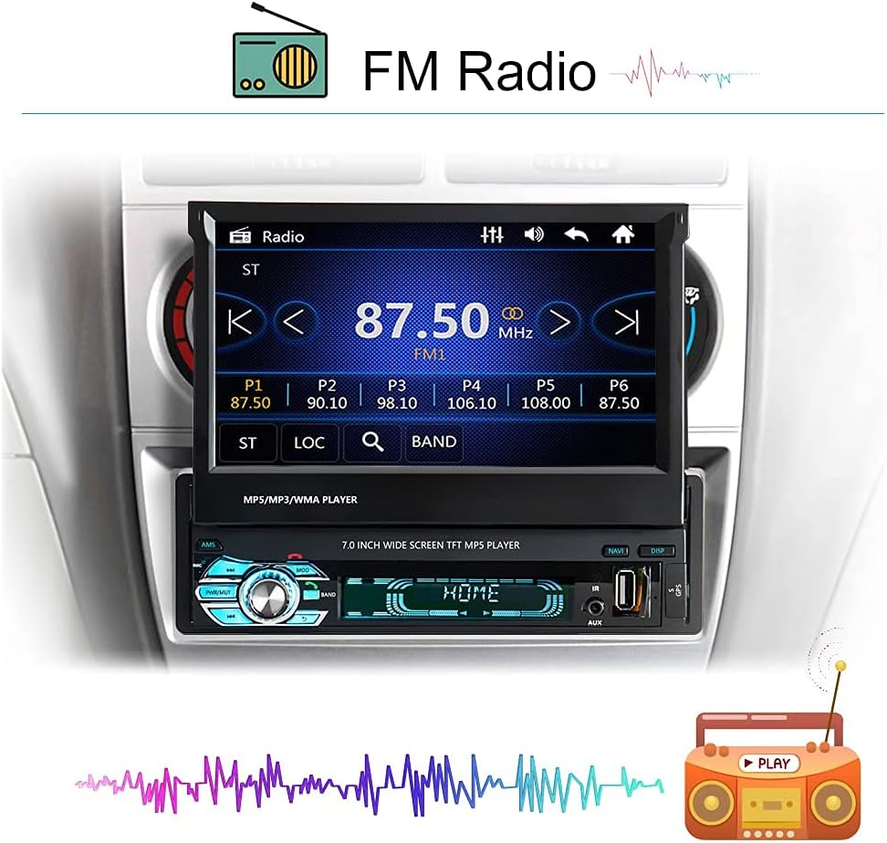 Single Din Car Stereo with Bluetooth, 7 Retractable Touch Screen Car Radio Receiver with Backup Camera P295