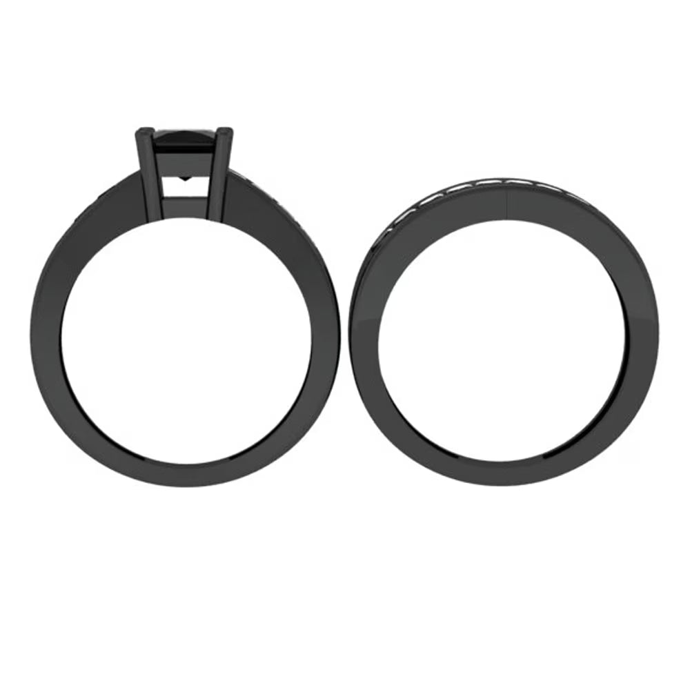 2.35 Carat Black Rhodium Plated Sterling Silver Black Diamond Engagement Ring Set F6235