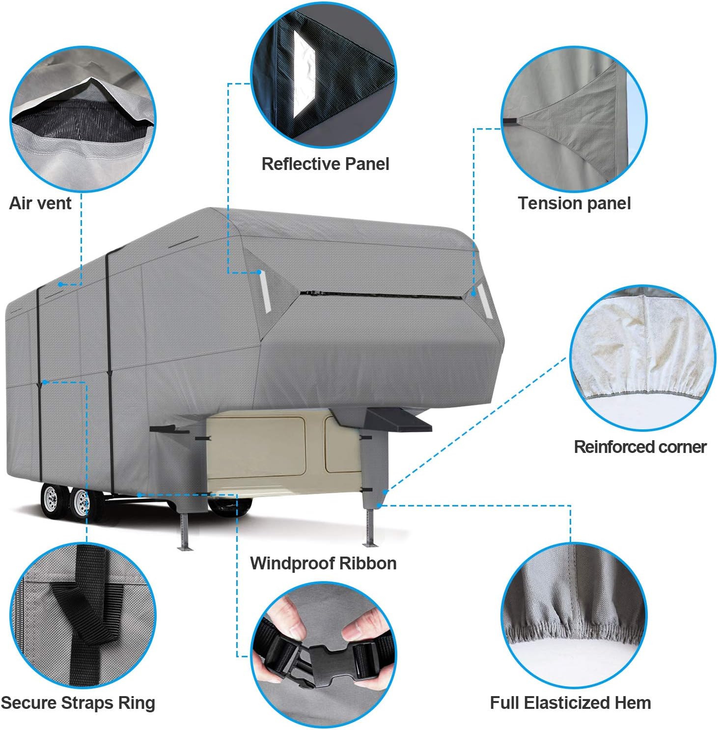 5th Wheel RV Cover 3-Ply Ripstop Waterproof with Steel Pole (26'-29') V805099