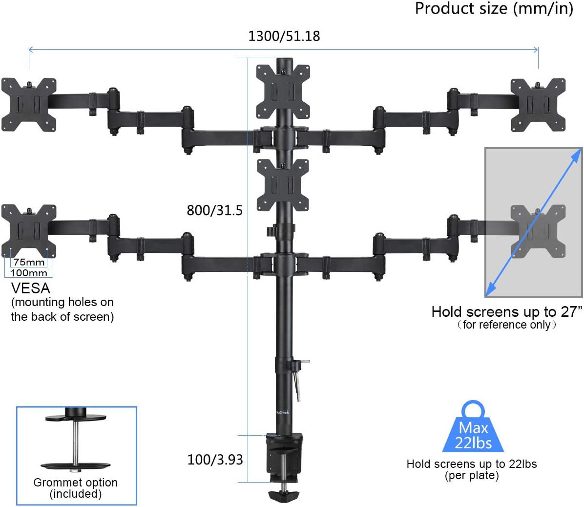 Quad LED LCD Monitor Stand up Desk Mount Extra Tall 31.5 inch Pole Heavy Duty Fully Adjustable Stand for 4 Screens up to 27 inch Pack of 2 P5312