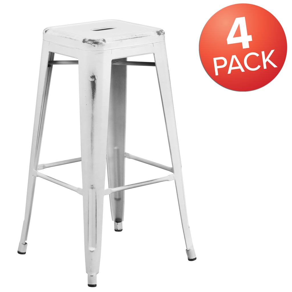 4 Pack 30" High Backless Distressed White Metal Barstool Q8016