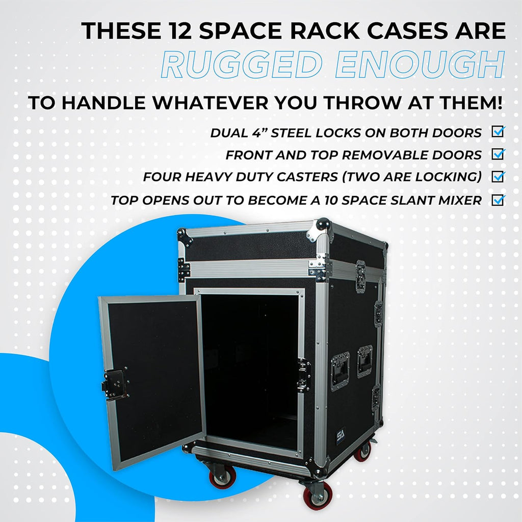12 Space Rack Case with Slant Mixer Top and Casters W3119