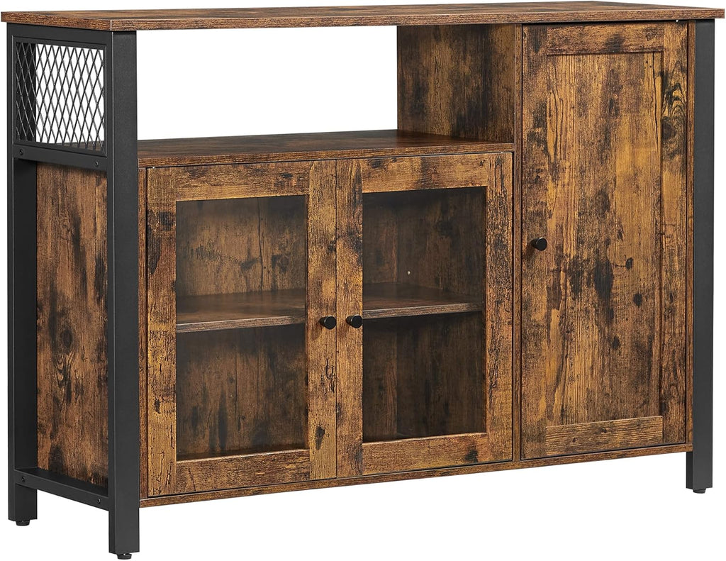 Rustic Brown and Black Floor Storage Cabinet with Transparent Doors V507497