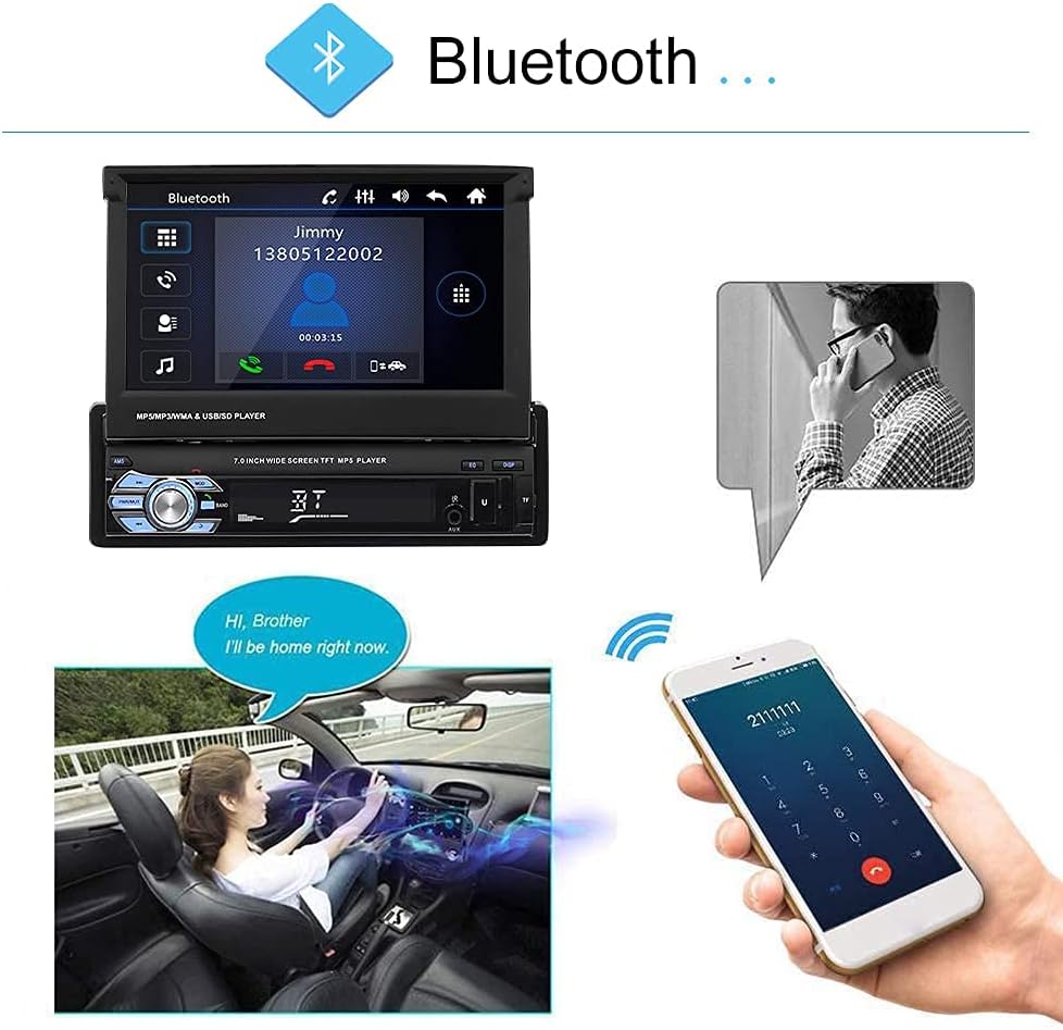 Single Din Car Stereo with Bluetooth, 7 Retractable Touch Screen Car Radio Receiver with Backup Camera P295