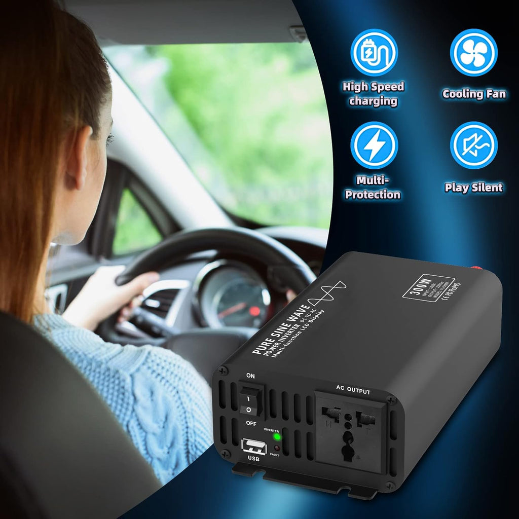 300 Watt Pure Sine Wave Power Inverter 12v to 110v-130v Pack of 2 T45225