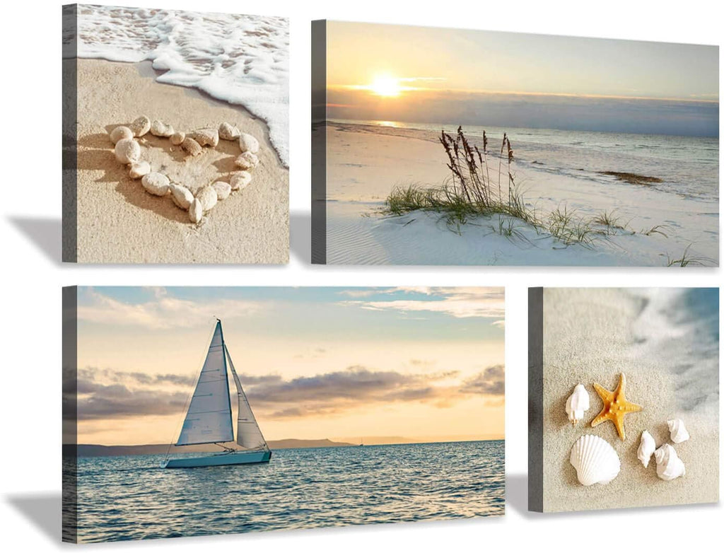 Sunset Canvas Art Seascape Painting with Sailboat Wall Art, 32'' x 16'' x 2 Panels + 16'' x 16'' x 2 Panels G213