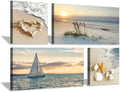 Sunset Canvas Art Seascape Painting with Sailboat Wall Art, 32'' x 16'' x 2 Panels + 16'' x 16'' x 2 Panels G213