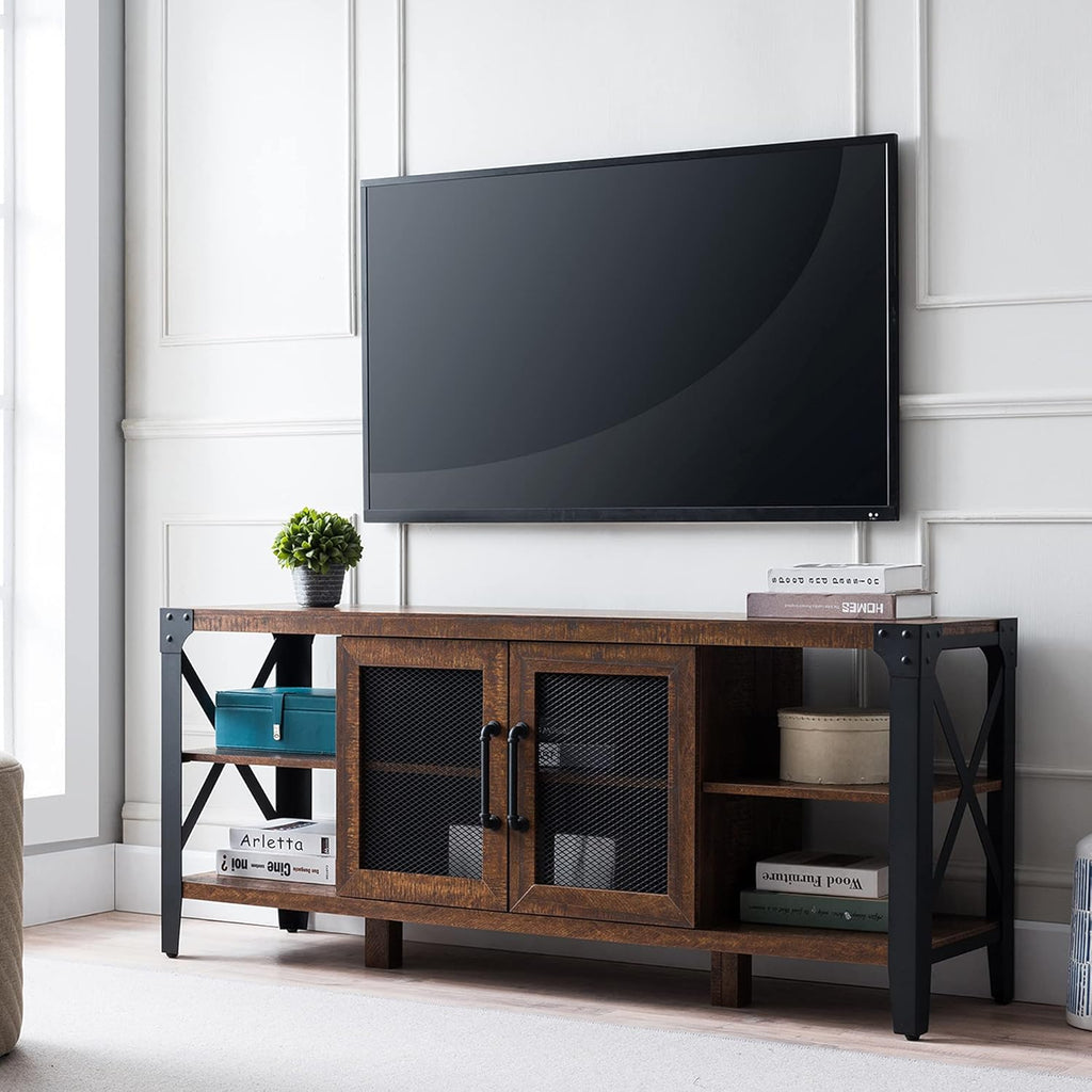 Large TV Stand with Metal Side X-Frame, Light Rustic Oak N165