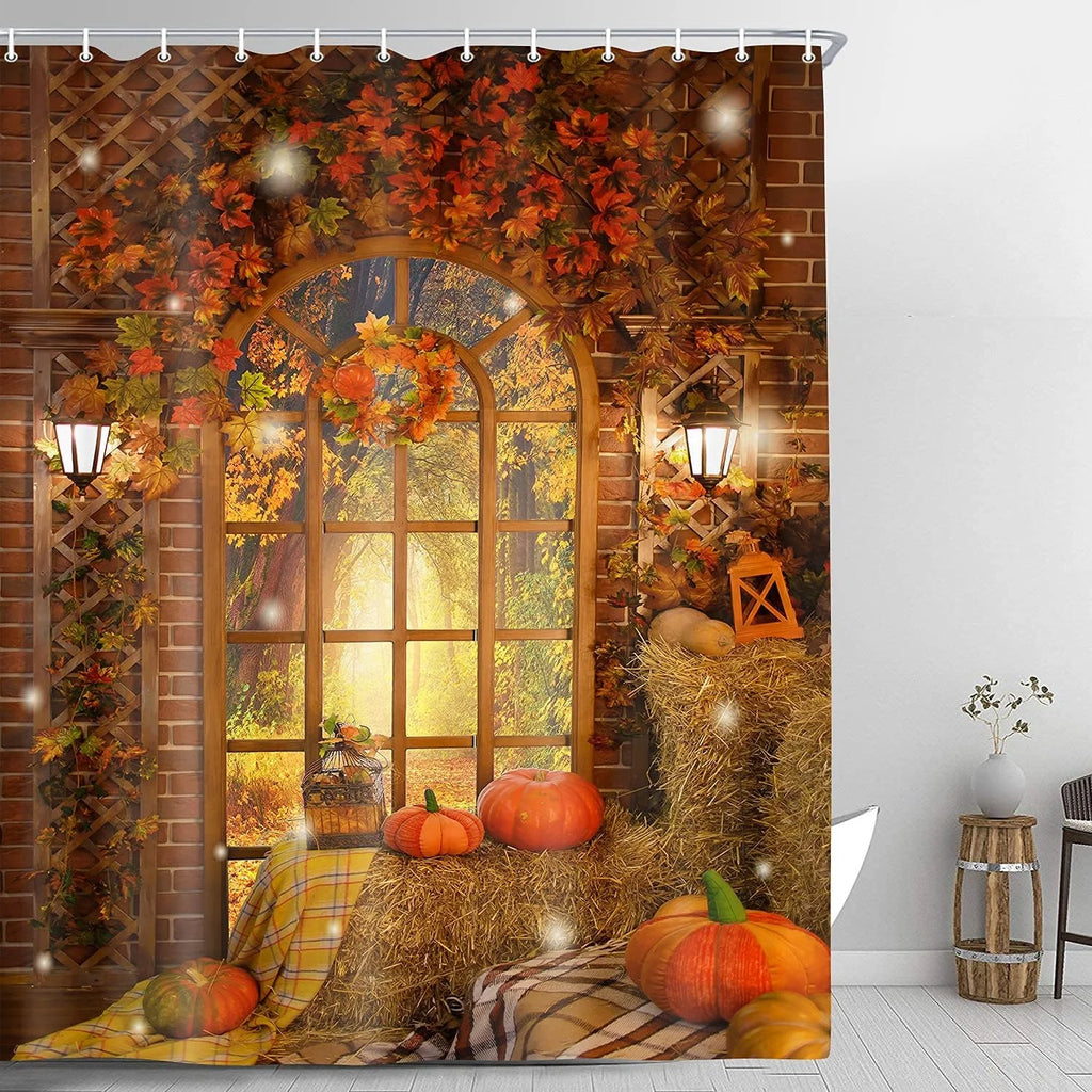 Harvest Pumpkin Fall Maple Leaf Fabric Waterproof Shower Curtain Sets with Hooks 60 x 70 inch S566862