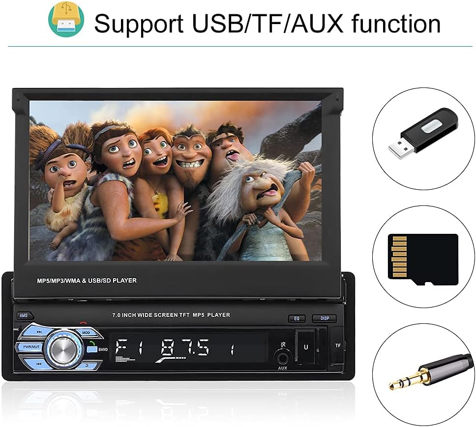 Single Din Car Stereo with Bluetooth, 7 Retractable Touch Screen Car Radio Receiver with Backup Camera P295
