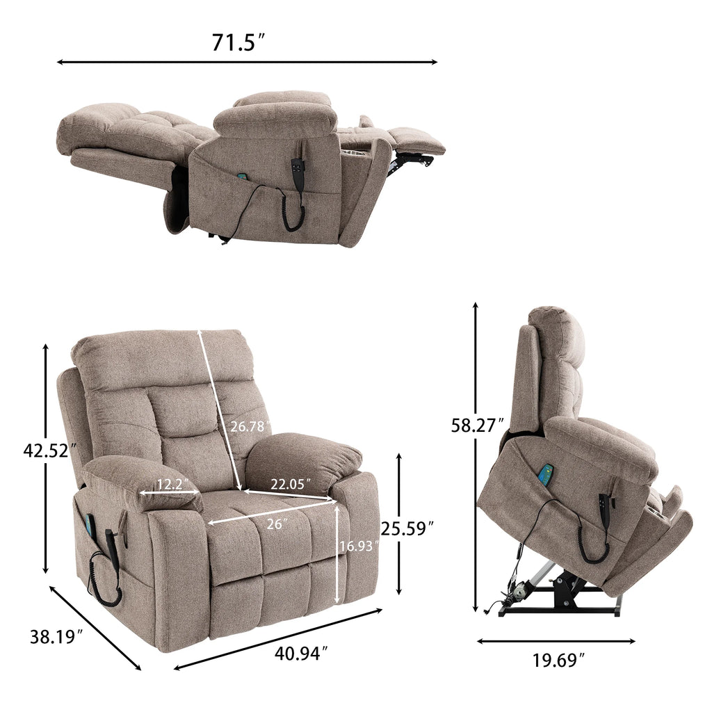 Electric Lift Recliner Chair with Heating and Massage, Fabric, Light Brown G567790