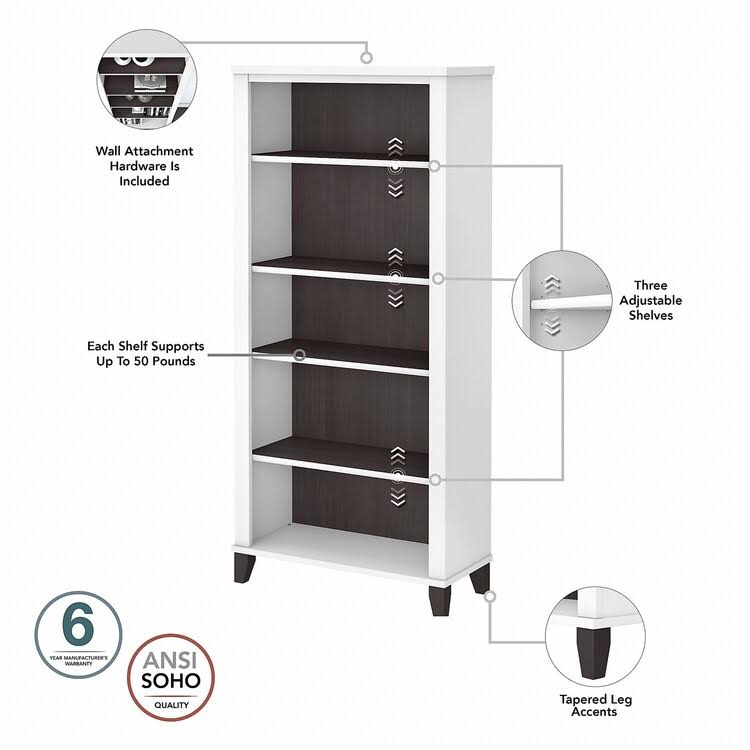 5-Shelf Bookcase in Storm Gray and White F5519