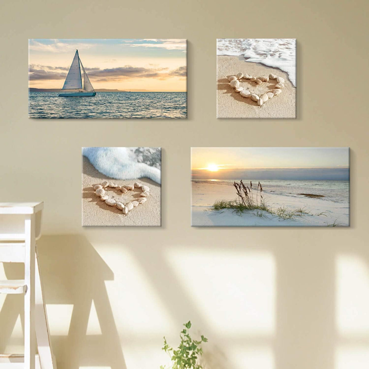Sunset Canvas Art Seascape Painting with Sailboat Wall Art, 32'' x 16'' x 2 Panels + 16'' x 16'' x 2 Panels G213